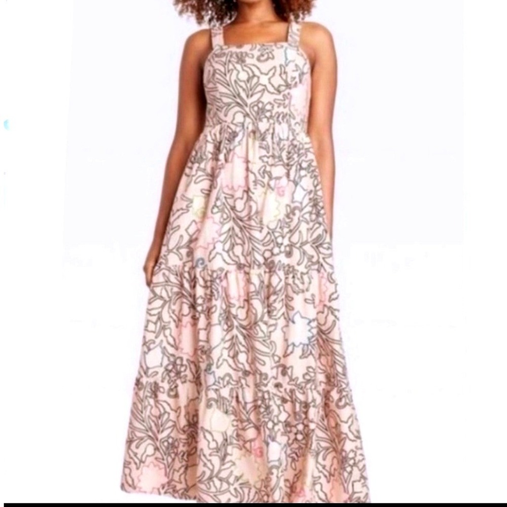 Knox Rose Floral Tiered Maxi Dress Cream Pink Brown Smocked Back Size L - Picture 1 of 9